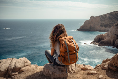 female backpacker sitting on the cliff in front of the seaの素材