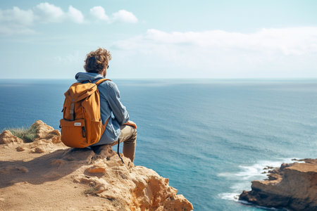 male backpacker sitting on the cliff in front of the seaの素材