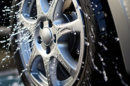 close up of car tire splashing in the water bokeh style backgroundの素材