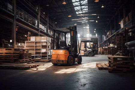 a forklift truck in the warehouse bokeh style backgroundの素材
