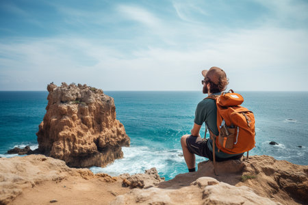 male backpacker sitting on the cliff in front of the seaの素材
