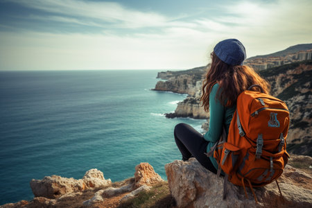 female backpacker sitting on the cliff in front of the seaの素材