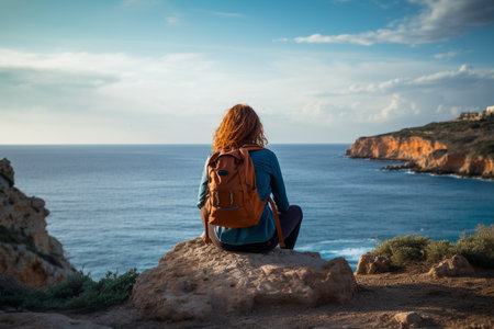 female backpacker sitting on the cliff in front of the seaの素材