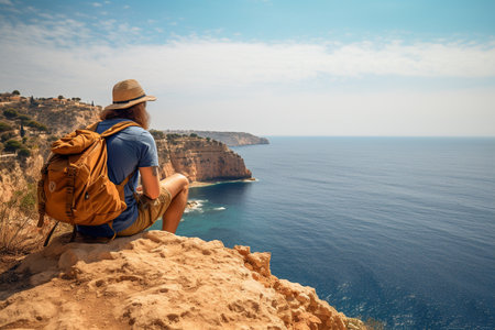 male backpacker sitting on the cliff in front of the seaの素材
