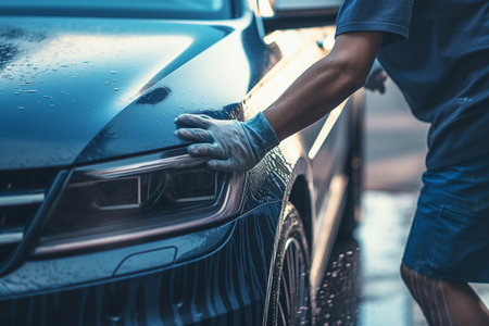 a man washing a car bokeh style backgroundの素材