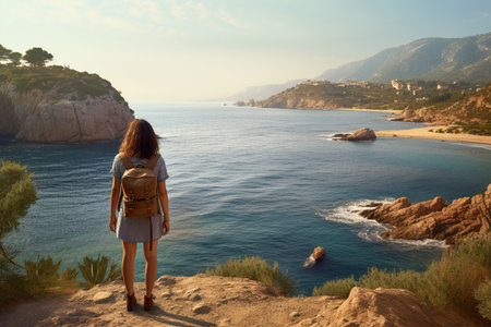 female backpacker standing on the cliff in front of the seaの素材