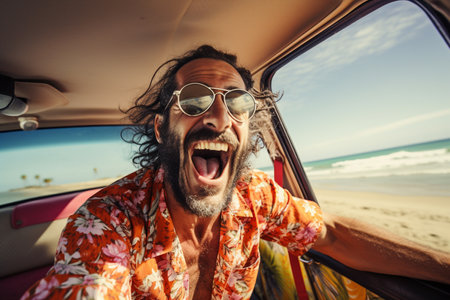 middle age man celebrating in the car for his road trip bokeh style backgroundの素材