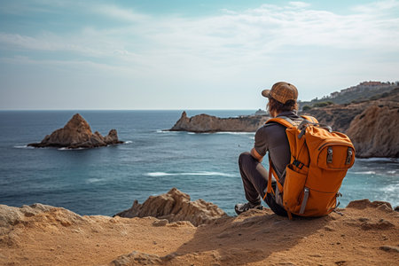 male backpacker sitting on the cliff in front of the seaの素材
