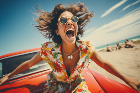 woman celebrating on car for her road trip bokeh style backgroundの素材