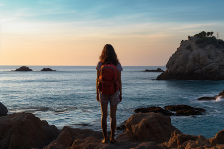 female backpacker standing on the cliff in front of the seaの素材