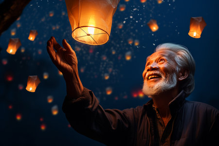 chinese older man celebrate at chinese lanterns festivalの素材