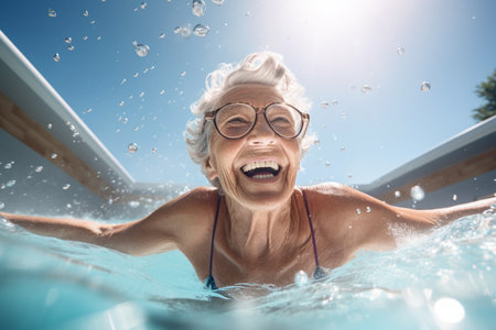 old woman swimming and smiling underwaterの素材