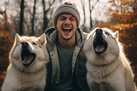 young man laughing with two huskies dogs bokeh style backgroundの素材