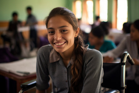 young indian disabled girl sitting on wheelchair bokeh style backgroundの素材