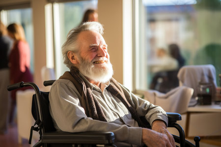 old disabled man sitting on wheelchair in the nursing home bokeh style backgroundの素材