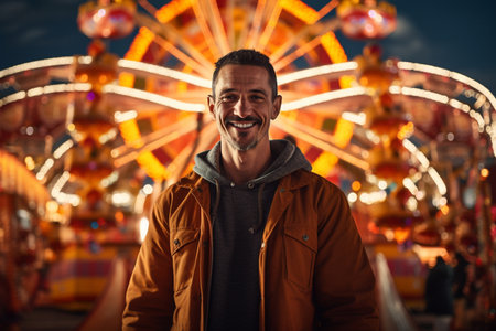 happy man standing at the amusement parkの素材