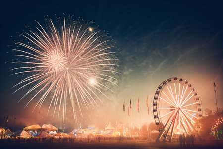 fireworks on the sky at the amusement parkの素材