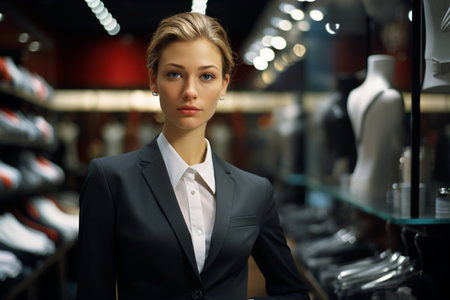 woman entrepreneur standing in suit shop bokeh style backgroundの素材