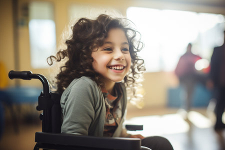 young disabled girl sitting on wheelchair at school smiling bokeh style backgroundの素材