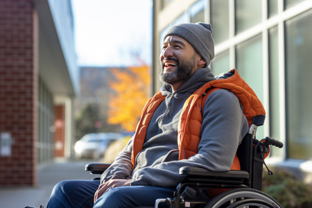 young disabled man sitting on wheelchair at the hospital bokeh style backgroundの素材