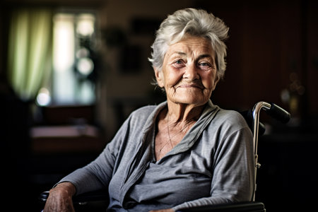 old disabled woman sitting on wheelchair in the nursing home bokeh style backgroundの素材