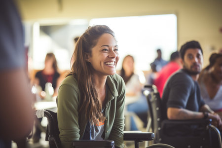 young disabled girl sitting on wheelchair bokeh style backgroundの素材