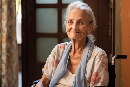 old disabled woman sitting on wheelchair in the nursing home bokeh style backgroundの素材
