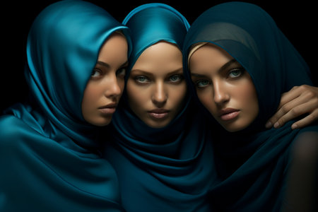 three beautiful models with blue satin fabricの素材