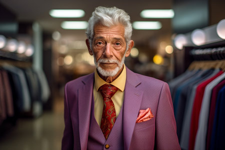 elderly entrepreneur standing in suit shop bokeh style backgroundの素材