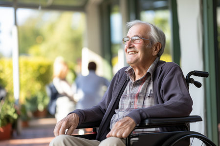 old disabled man sitting on wheelchair in the nursing home bokeh style backgroundの素材