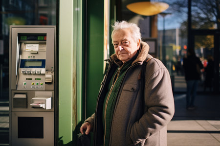 an old man standing behind atm machineの素材