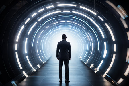 a businessman standing in front of an illuminated tunnelの素材