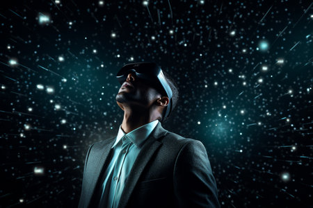 businessman wearing vr glasses looking at the night sky starの素材