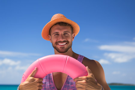 a man holding pink rubber ring on the beachの素材