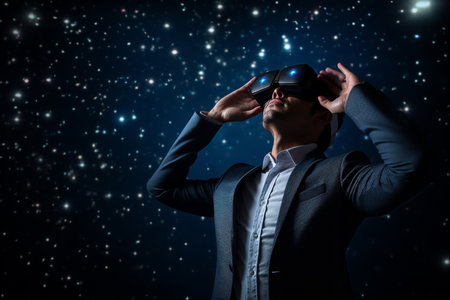 businessman wearing vr glasses looking at the night sky starの素材
