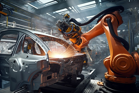 a robot working on a car industry in the factoryの素材