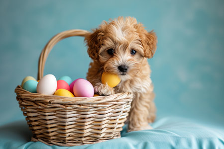 a cute puppy with colorful pastel easter eggs basketの素材