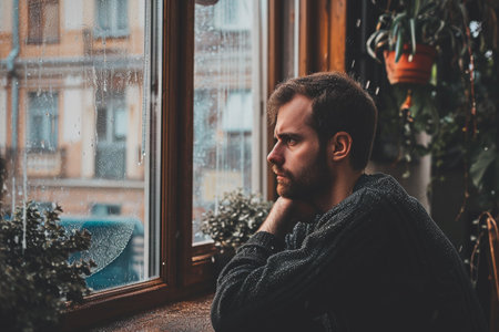 a sad girl sitting beside the window while rainingの素材