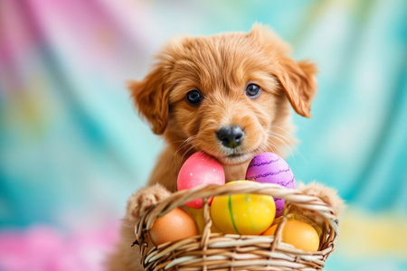 a cute puppy with colorful pastel easter eggs basketの素材