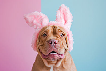 a dog wearing a bunny headbandの素材