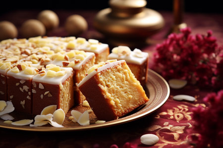 a cake served on a plate bokeh style backgroundの素材