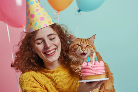 a woman celebrating her cat birthdayの素材