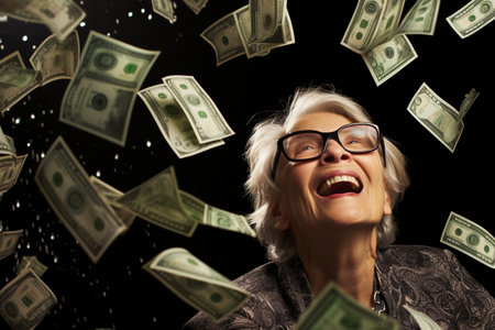 a happy old woman with money flying in the airの素材