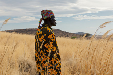 african tribe man wearing traditional clothes with the grass field viewの素材