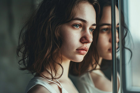 a young woman looking through a camera with impassive faceの素材