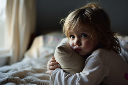 young girl kid sitting on bed with sad expressionの素材