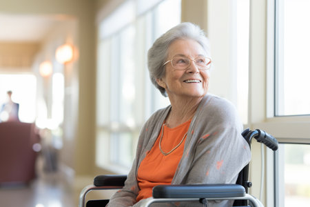 old disabled woman sitting on wheelchair in the nursing home bokeh style backgroundの素材