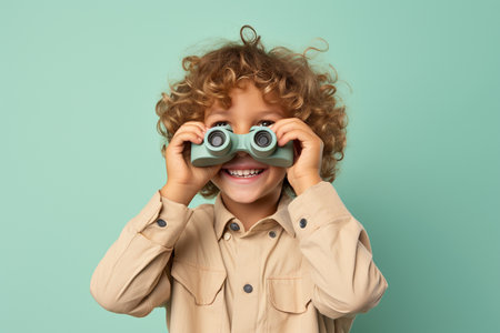 a young boy kid looking through binocularsの素材