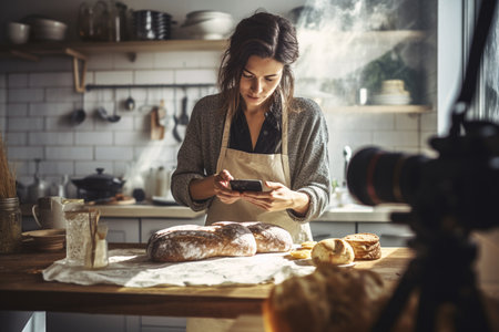 a woman taking video of making breadの素材