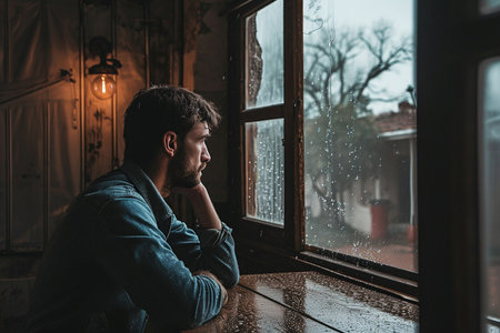 a sad girl sitting beside the window while rainingの素材